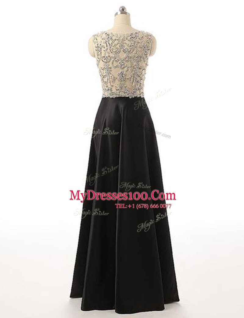 Fitting Scoop Black A-line Beading Prom Dress Side Zipper Satin Sleeveless Floor Length