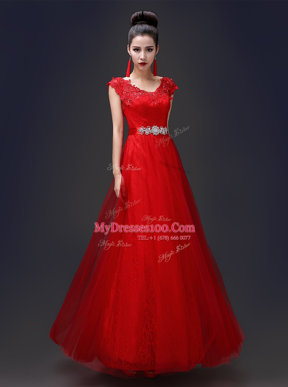 Scoop Sleeveless Floor Length Beading and Appliques Lace Up Prom Gown with Red