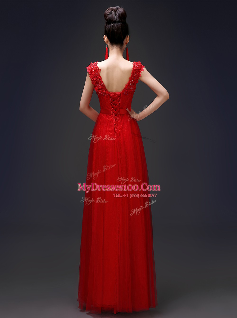 Scoop Sleeveless Floor Length Beading and Appliques Lace Up Prom Gown with Red