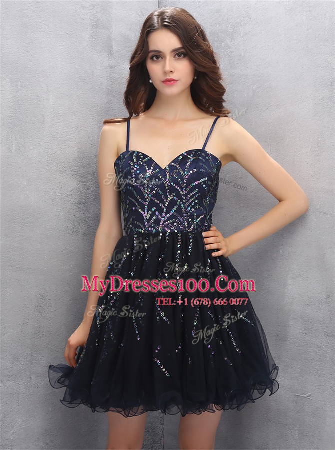 Black A-line Sequins Cocktail Dresses Lace Up Tulle Sleeveless Mini Length