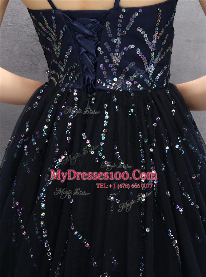 Black A-line Sequins Cocktail Dresses Lace Up Tulle Sleeveless Mini Length