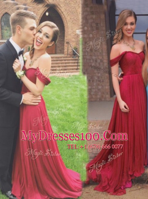 Burgundy Evening Dresses Prom and Party and For with Ruching Off The Shoulder Sleeveless Zipper
