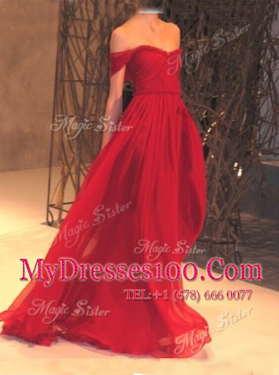 Burgundy Evening Dresses Prom and Party and For with Ruching Off The Shoulder Sleeveless Zipper