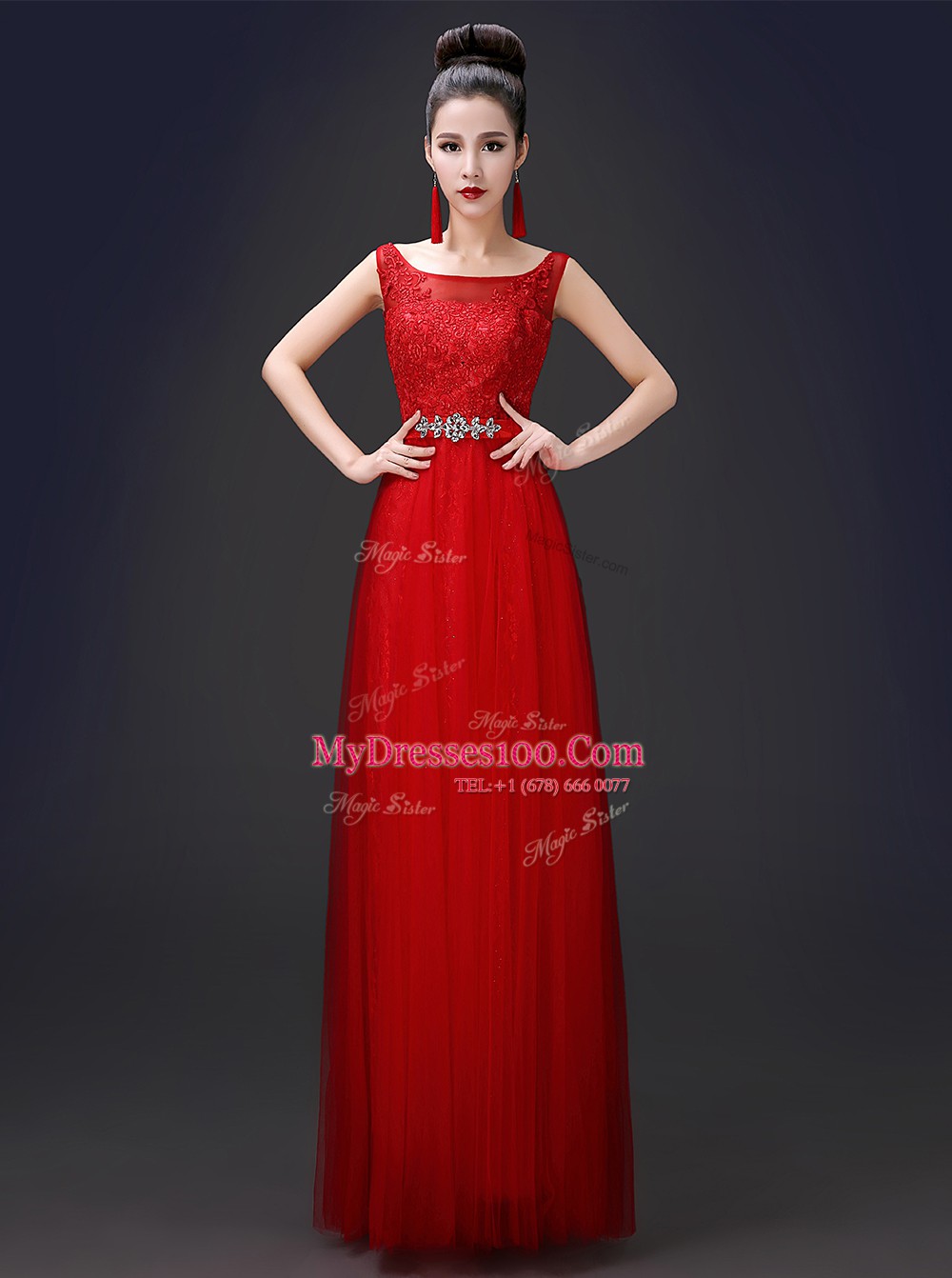 Attractive Scoop Sleeveless Tulle Floor Length Zipper Prom Dress in Red with Appliques