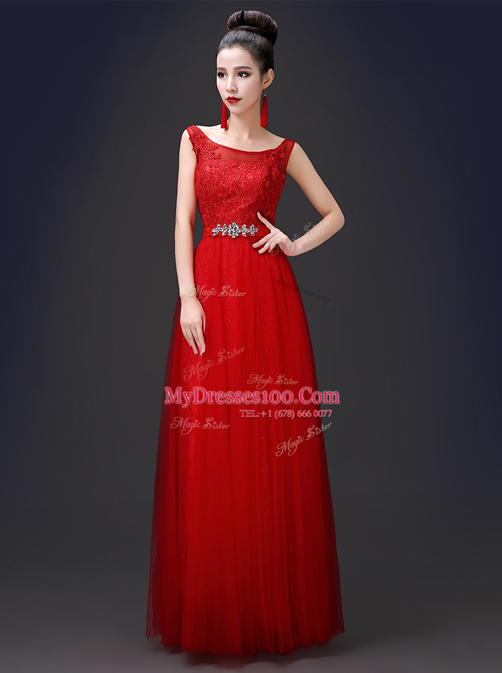 Attractive Scoop Sleeveless Tulle Floor Length Zipper Prom Dress in Red with Appliques