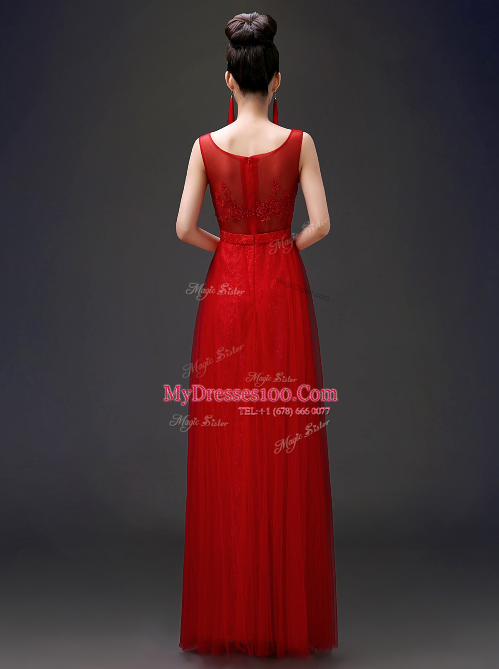 Attractive Scoop Sleeveless Tulle Floor Length Zipper Prom Dress in Red with Appliques