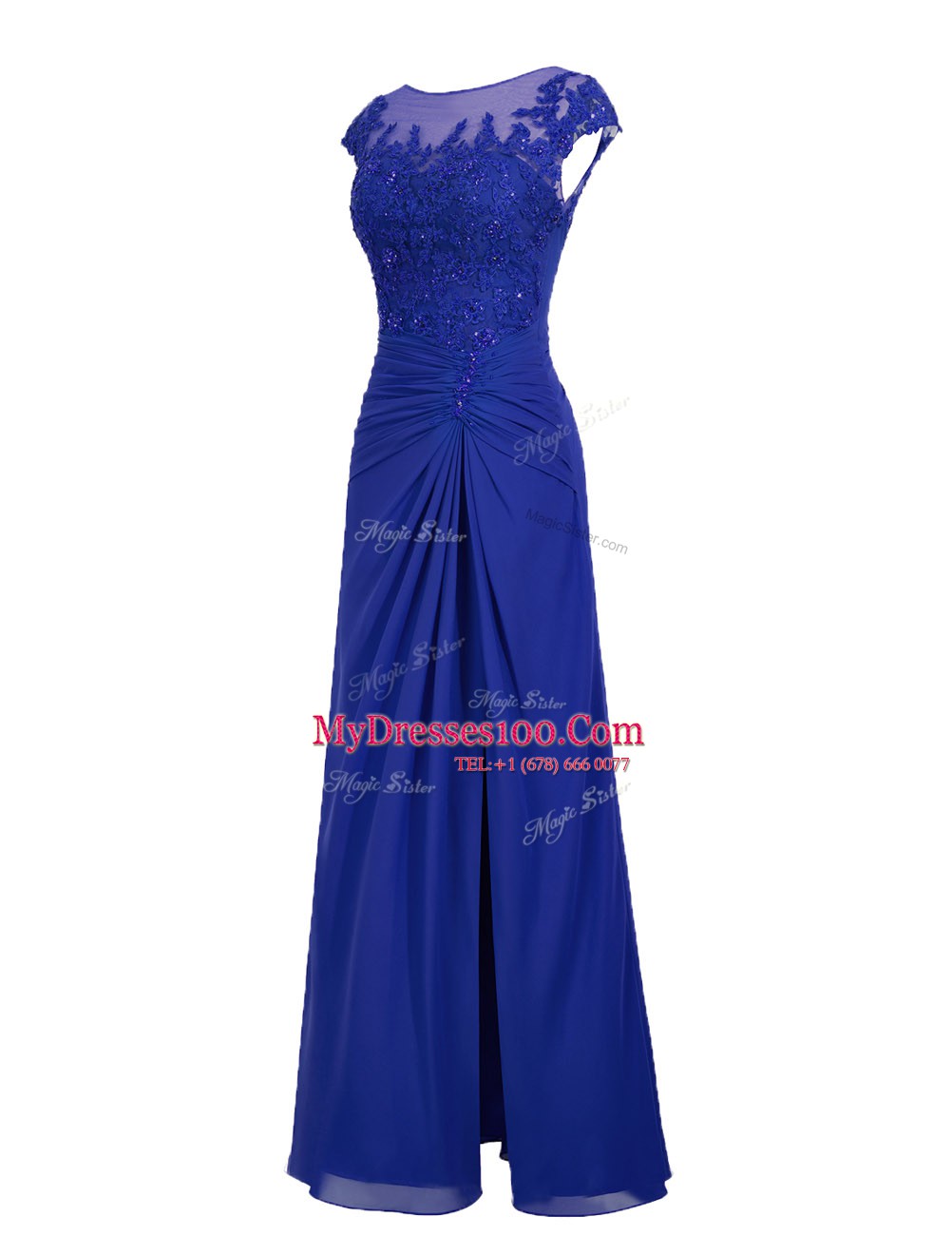 Scoop Appliques Dress for Prom Royal Blue Zipper Cap Sleeves Floor Length