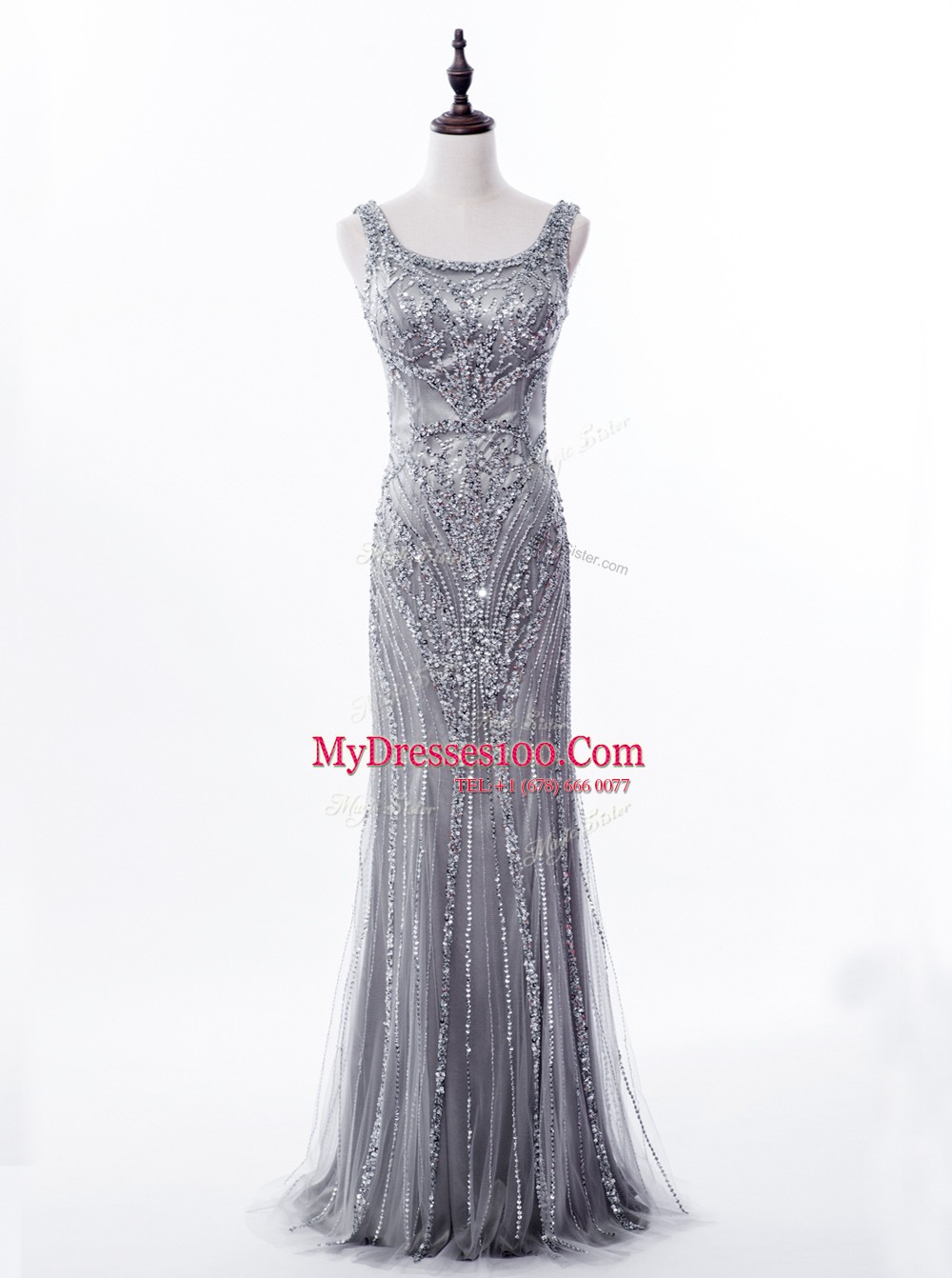 Fabulous Mermaid Grey Satin and Tulle Zipper Square Sleeveless Prom Evening Gown Brush Train Beading and Sequins