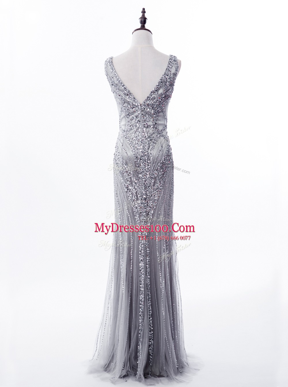 Fabulous Mermaid Grey Satin and Tulle Zipper Square Sleeveless Prom Evening Gown Brush Train Beading and Sequins