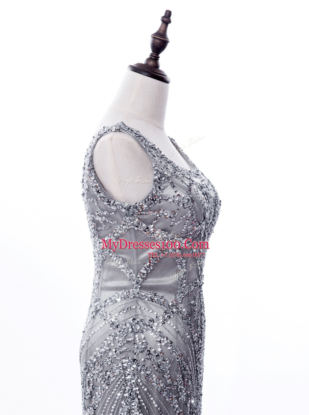 Fabulous Mermaid Grey Satin and Tulle Zipper Square Sleeveless Prom Evening Gown Brush Train Beading and Sequins