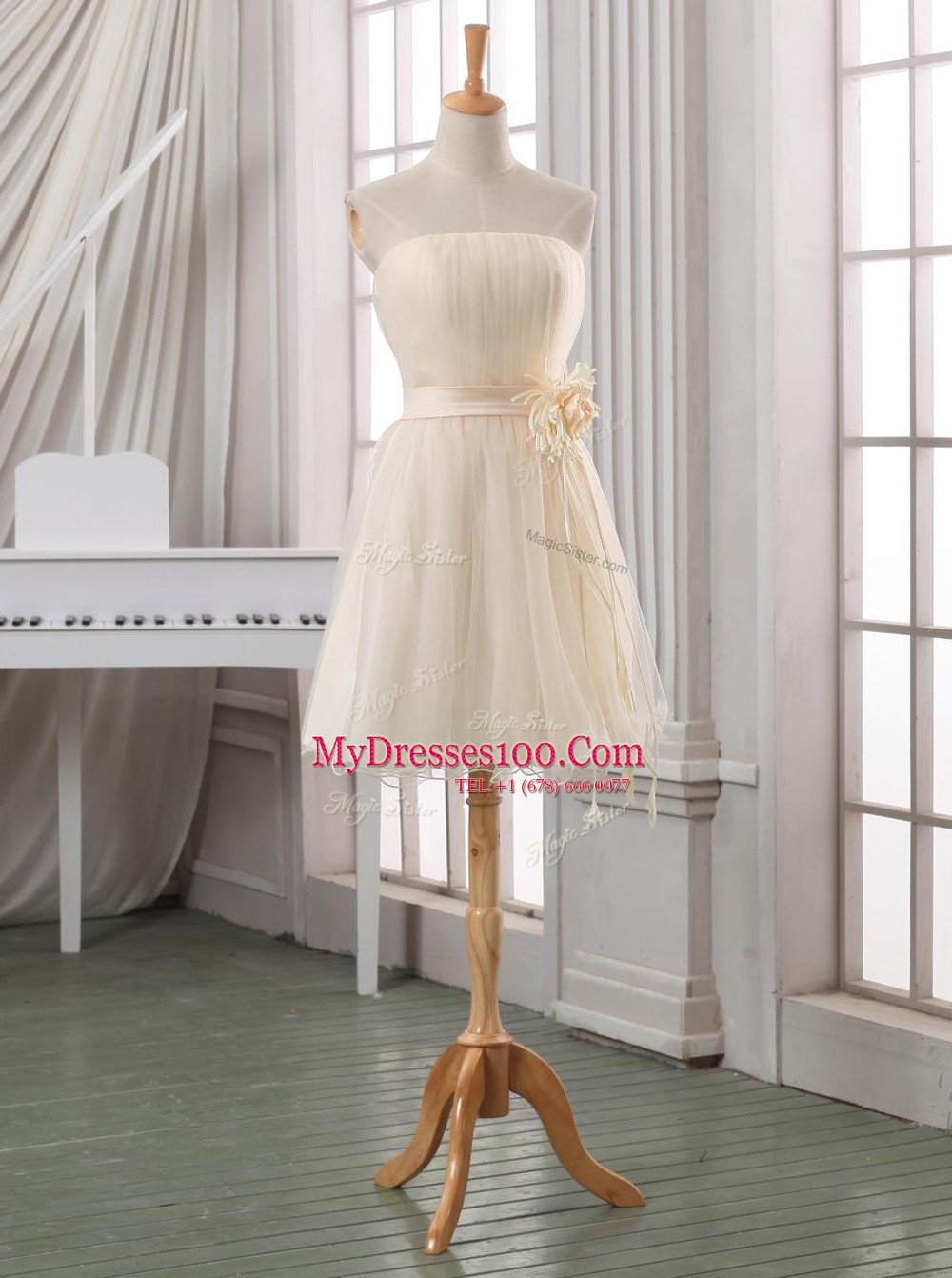 Sweet Belt and Hand Made Flower White and Champagne Zipper Sleeveless Knee Length
