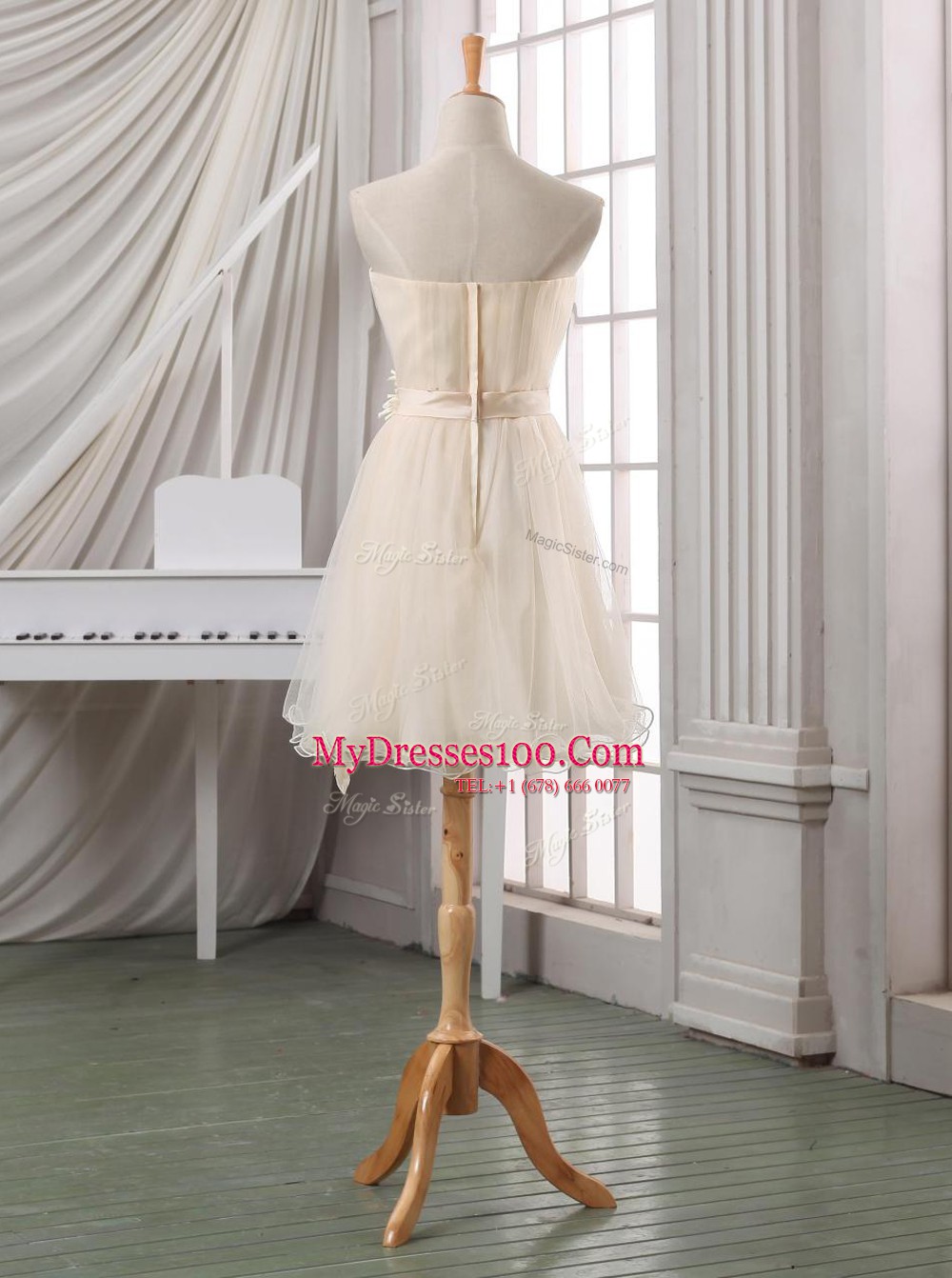 Sweet Belt and Hand Made Flower White and Champagne Zipper Sleeveless Knee Length