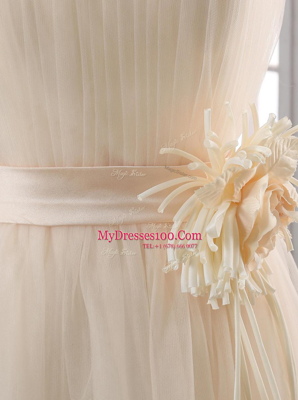 Sweet Belt and Hand Made Flower White and Champagne Zipper Sleeveless Knee Length