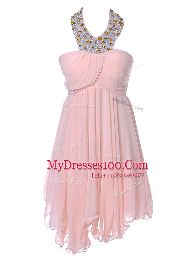 Fantastic Sleeveless Chiffon Knee Length Backless Cocktail Dresses in Baby Pink with Beading