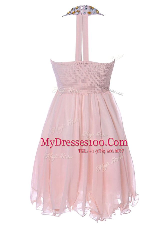 Fantastic Sleeveless Chiffon Knee Length Backless Cocktail Dresses in Baby Pink with Beading