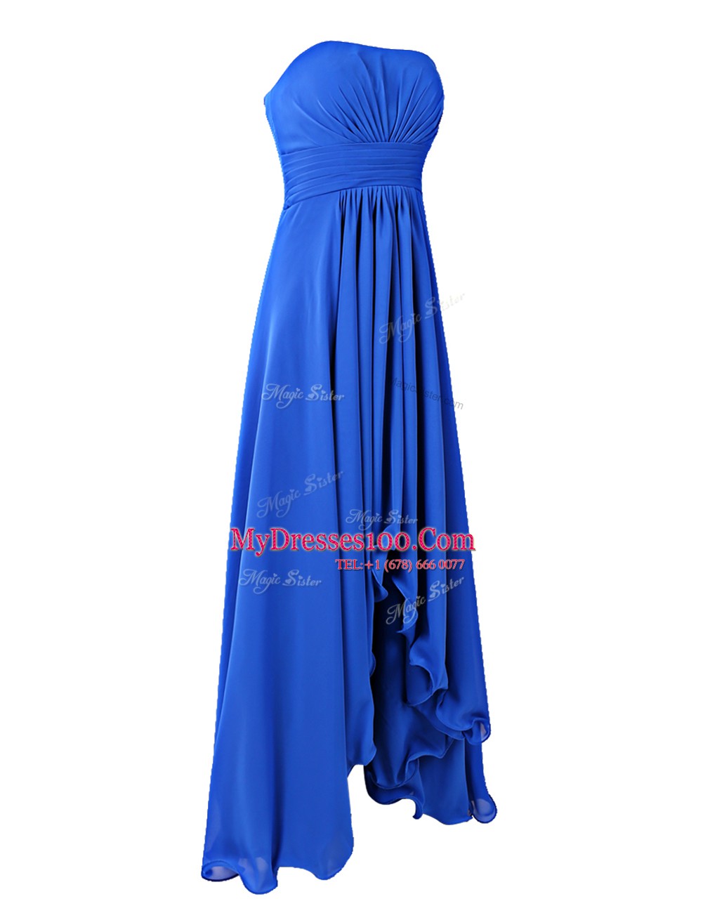 Strapless Sleeveless Floor Length Ruffles Royal Blue Chiffon