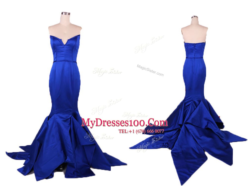 Mermaid Ruching Evening Outfits Royal Blue Zipper Sleeveless Floor Length
