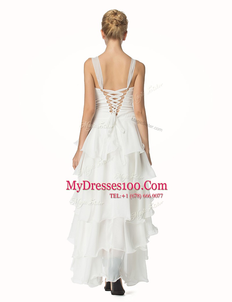 Most Popular High Low A-line Sleeveless White Evening Dress Lace Up