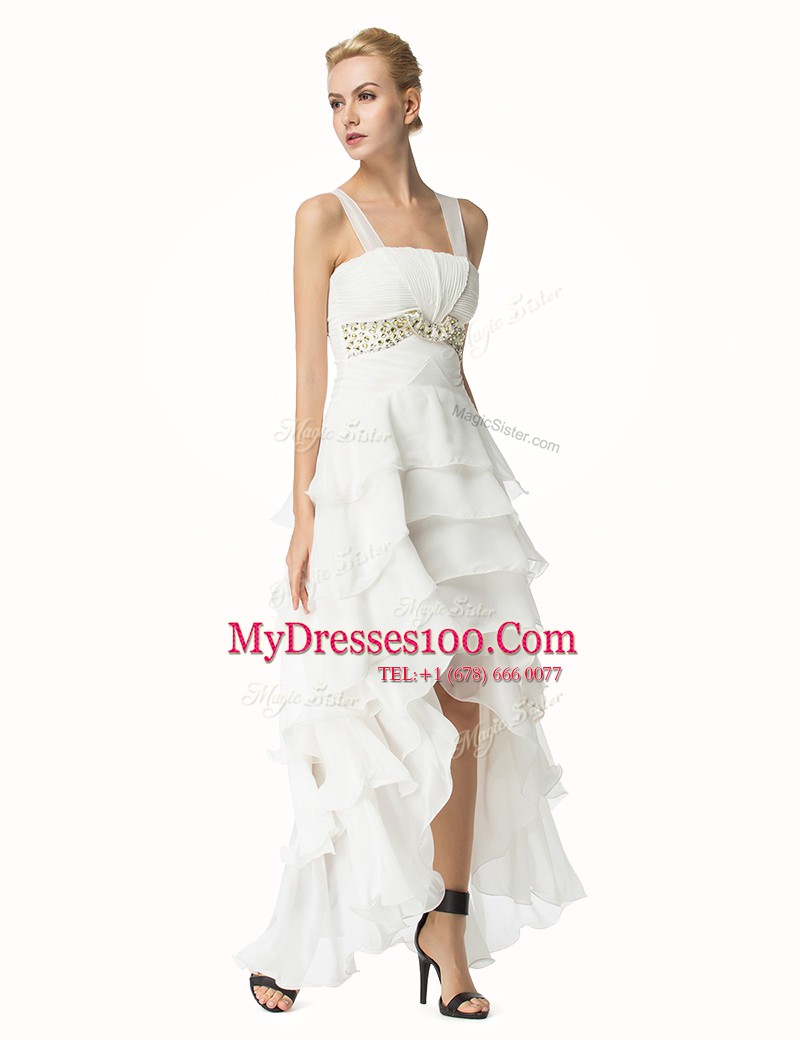Most Popular High Low A-line Sleeveless White Evening Dress Lace Up