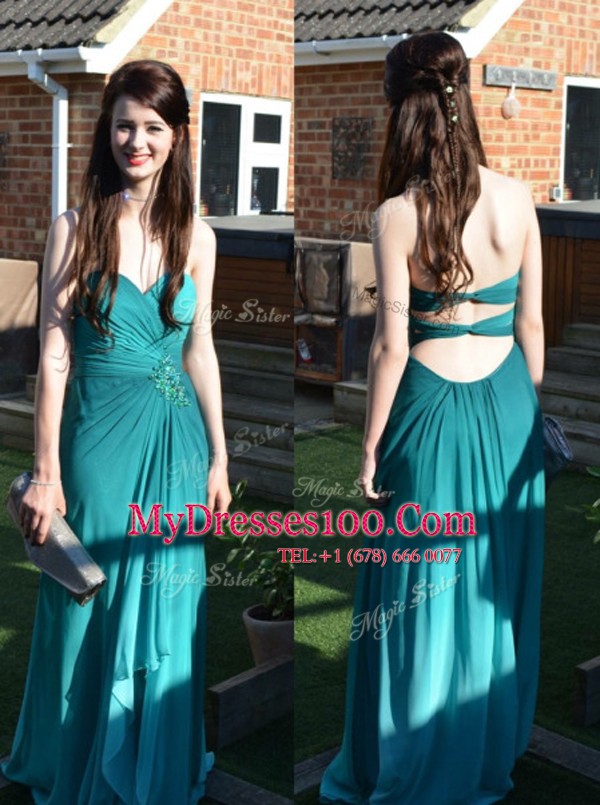 Vintage Teal Sweetheart Neckline Ruching Dress for Prom Sleeveless Backless