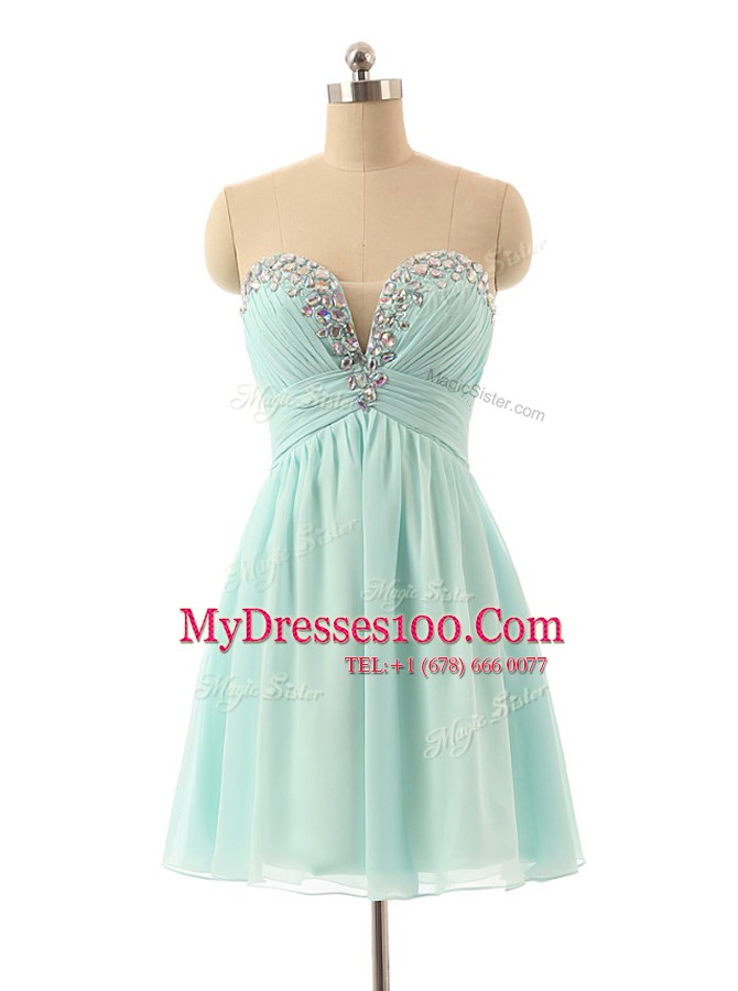 Noble Sleeveless Knee Length Beading Zipper Evening Dresses with Light Blue