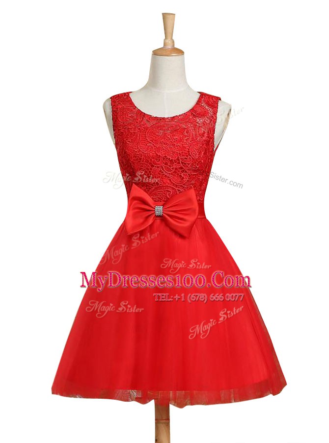 Scoop Sleeveless Tulle Mini Length Lace Up Homecoming Dress in Red with Lace and Bowknot