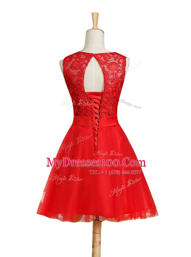 Scoop Sleeveless Tulle Mini Length Lace Up Homecoming Dress in Red with Lace and Bowknot