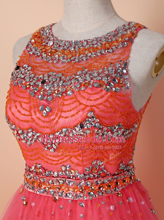 Watermelon Red Dress for Prom Prom and For with Beading Scoop Sleeveless Zipper