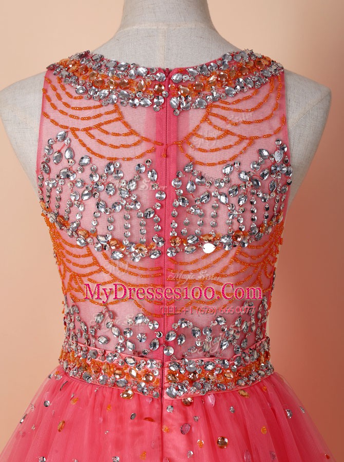 Watermelon Red Dress for Prom Prom and For with Beading Scoop Sleeveless Zipper