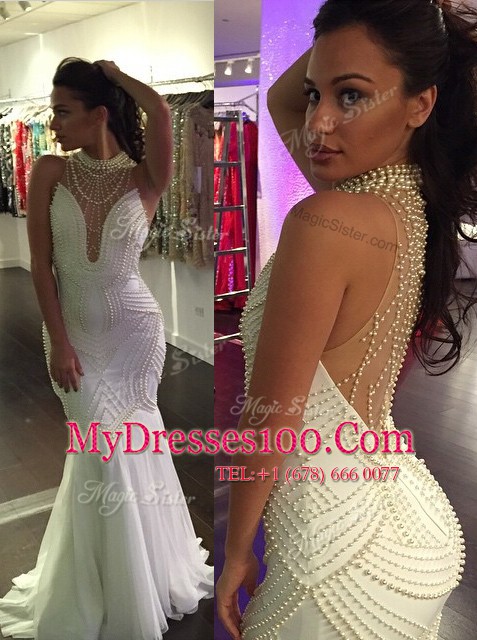 Perfect With Train Mermaid Sleeveless White Evening Dress Sweep Train Criss Cross