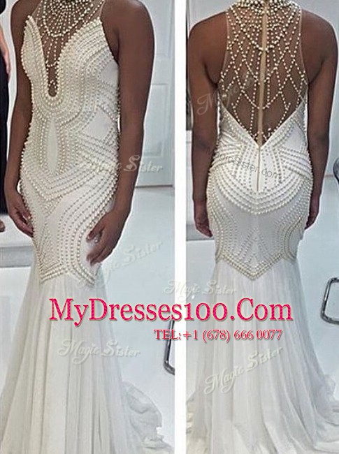 Perfect With Train Mermaid Sleeveless White Evening Dress Sweep Train Criss Cross