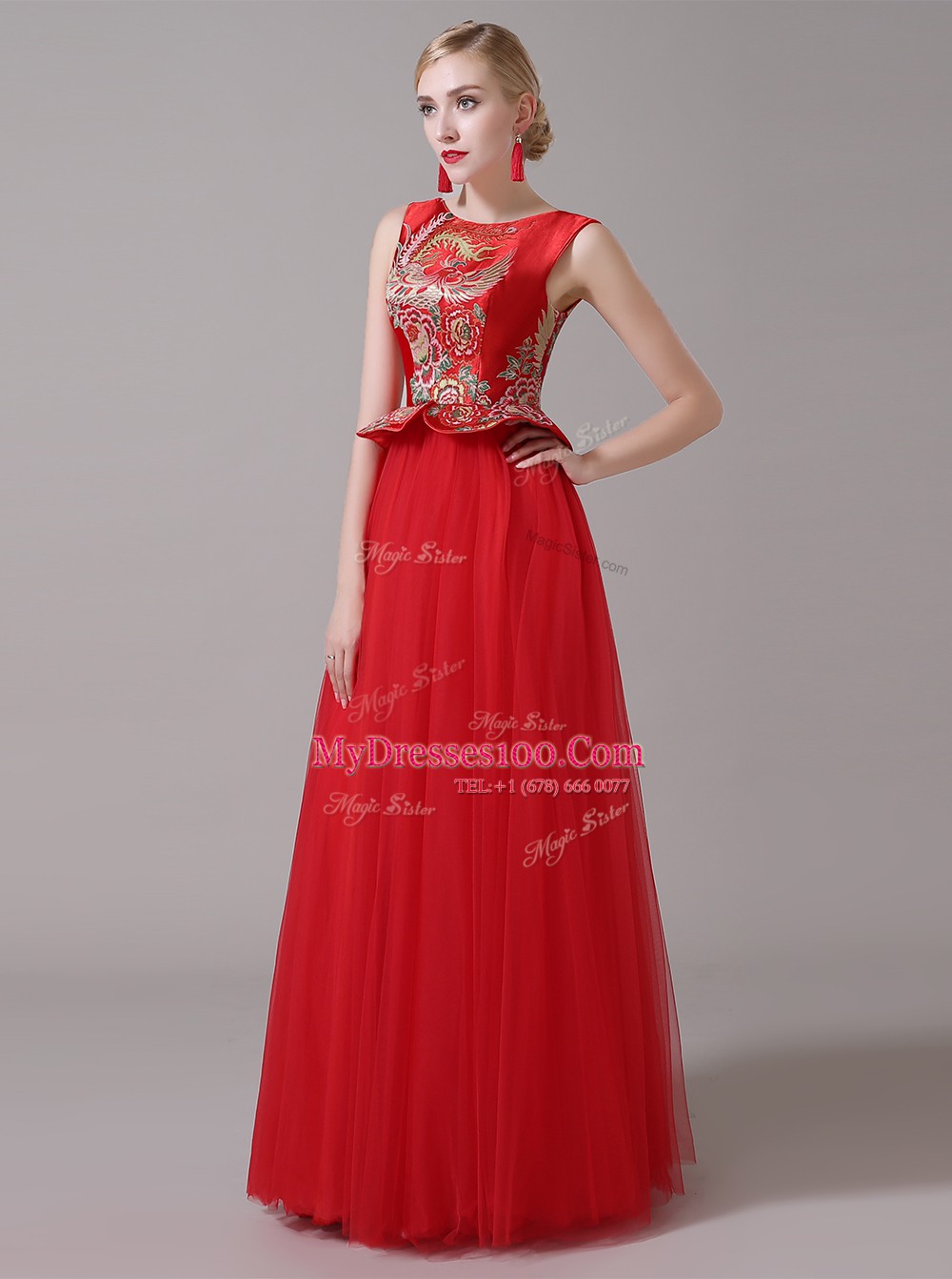 Scoop Floor Length Zipper Evening Outfits Red for Prom and Party with Appliques