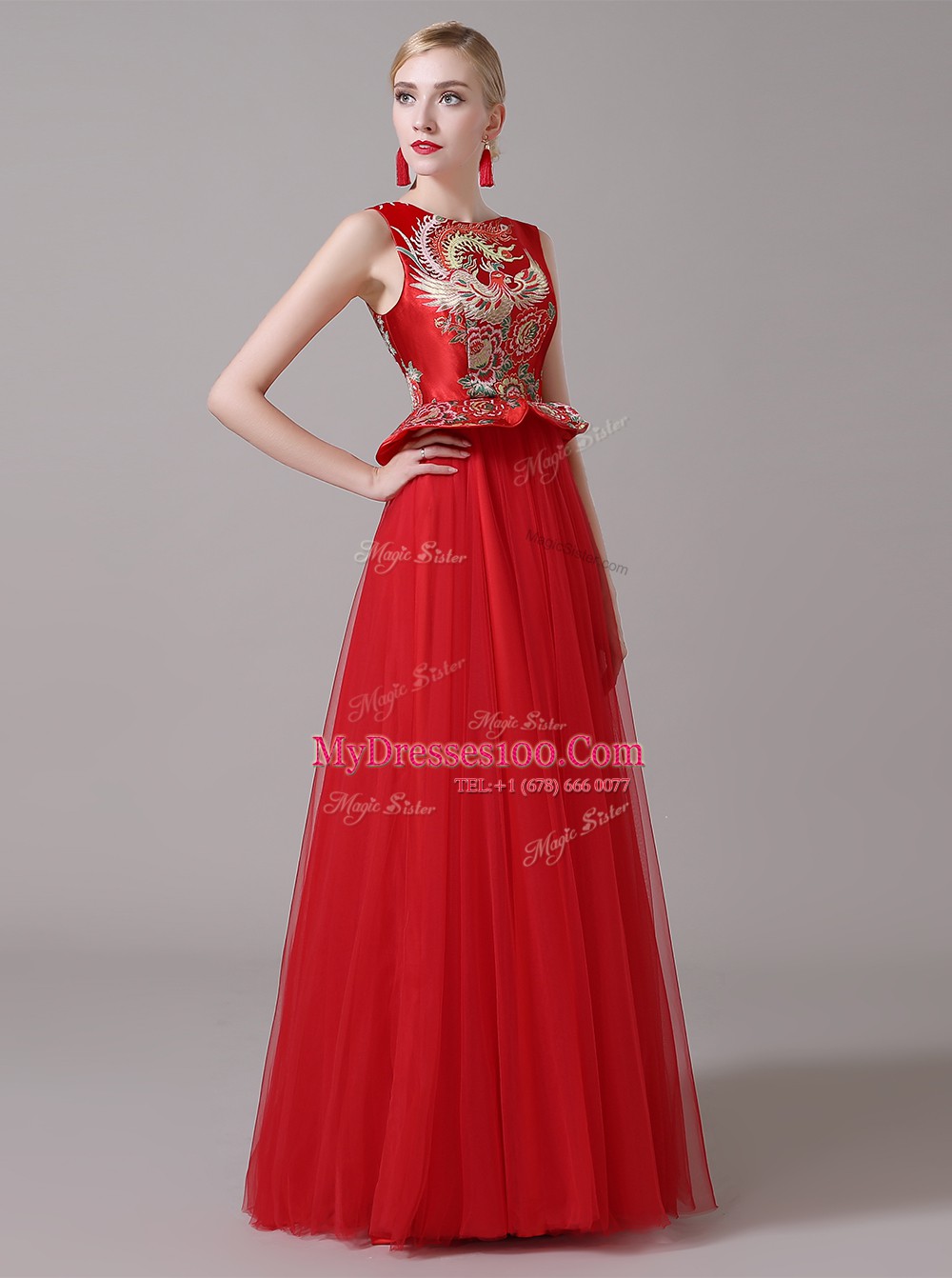 Scoop Floor Length Zipper Evening Outfits Red for Prom and Party with Appliques