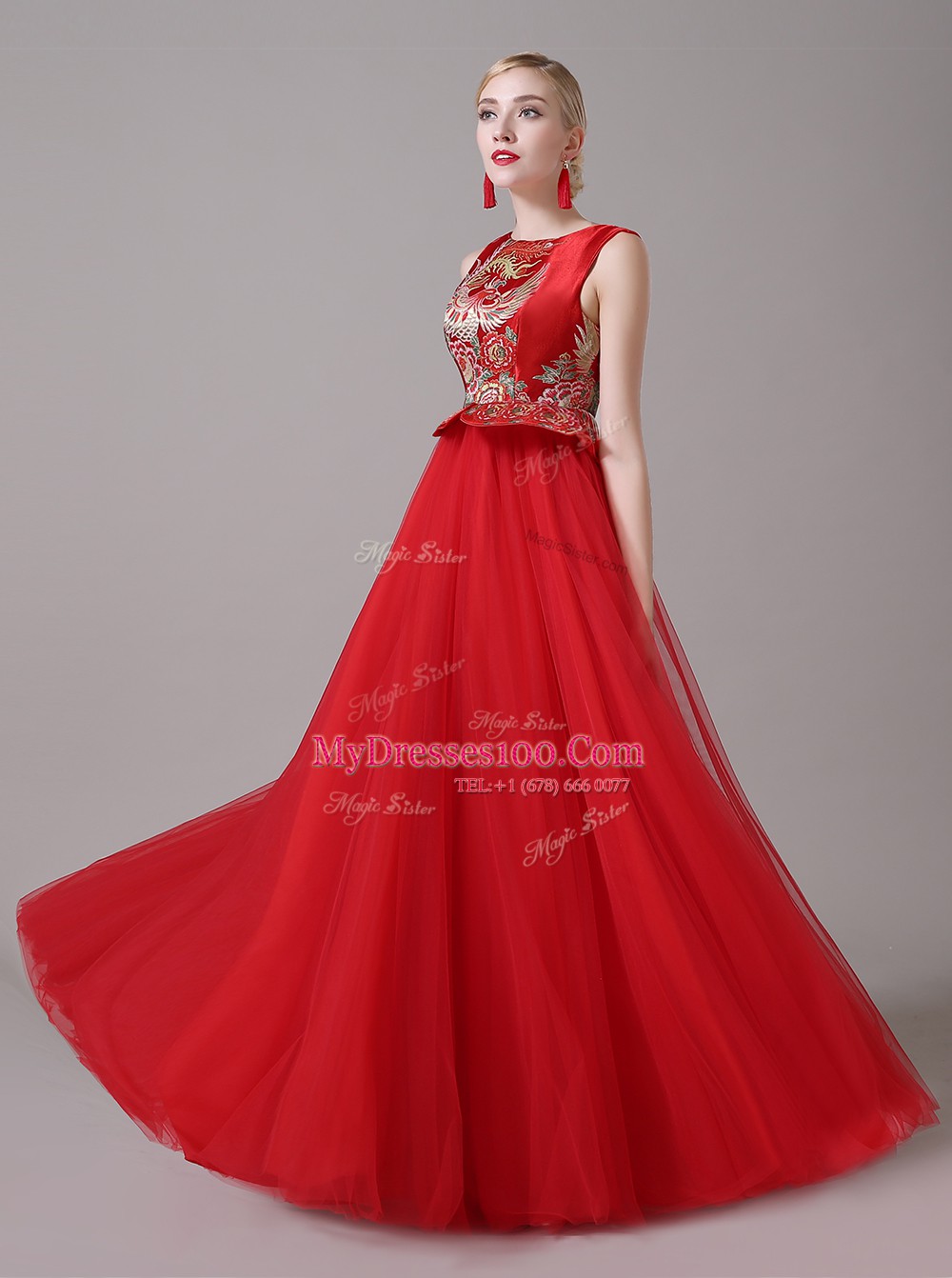 Scoop Floor Length Zipper Evening Outfits Red for Prom and Party with Appliques