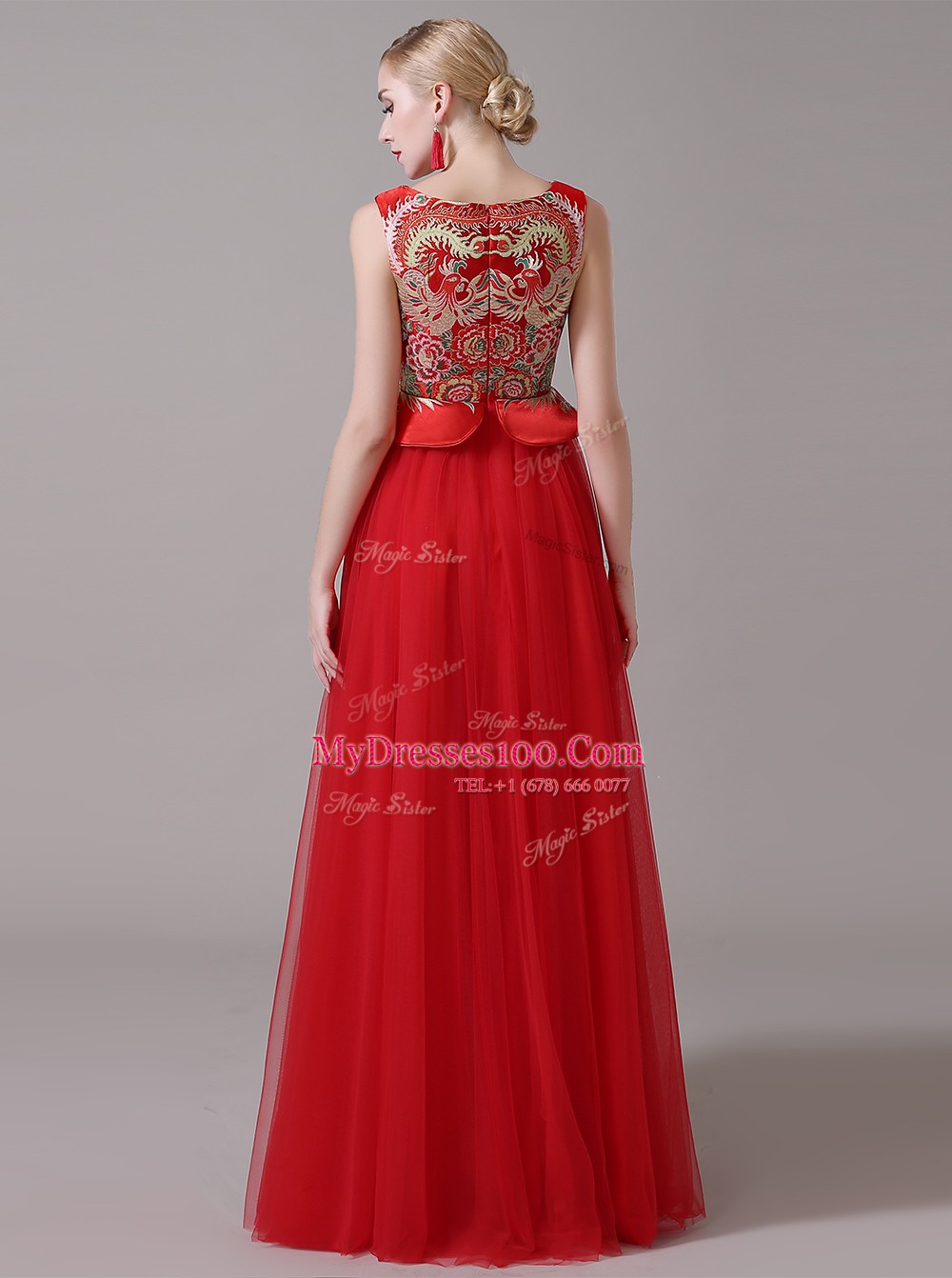 Scoop Floor Length Zipper Evening Outfits Red for Prom and Party with Appliques