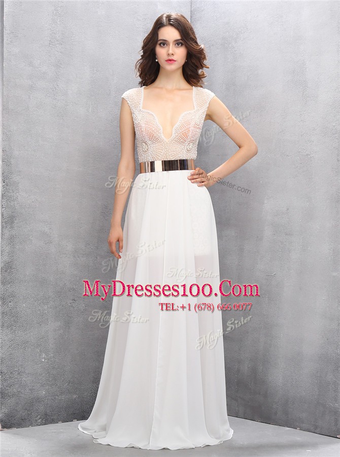 Hot Sale Sleeveless Zipper Floor Length Beading and Belt Party Dress