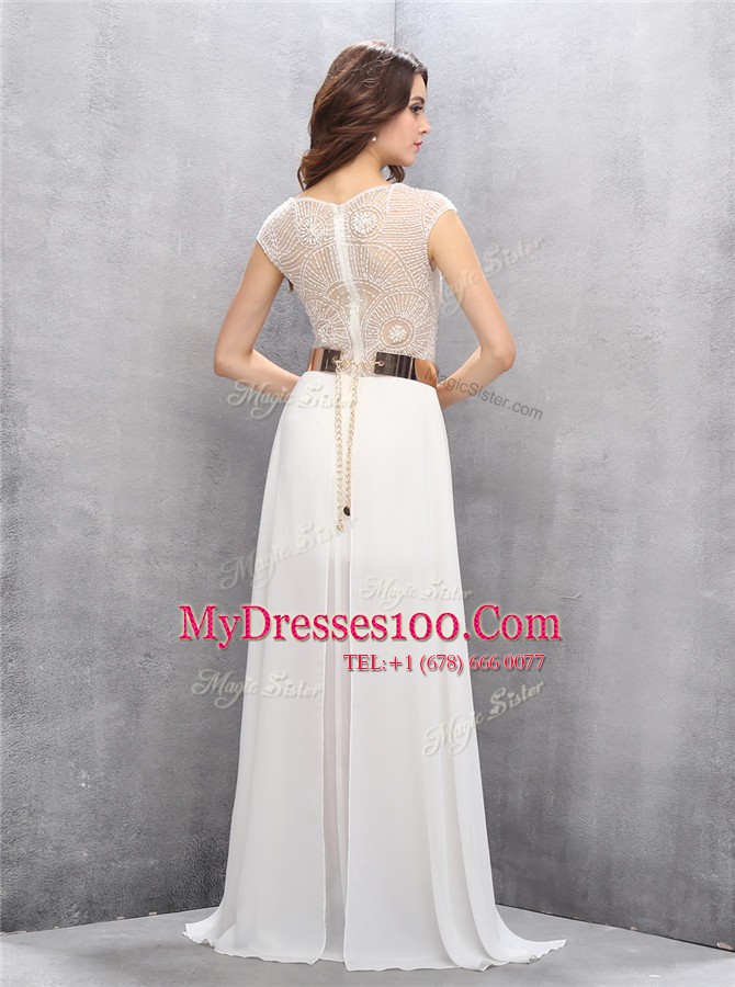 Hot Sale Sleeveless Zipper Floor Length Beading and Belt Party Dress