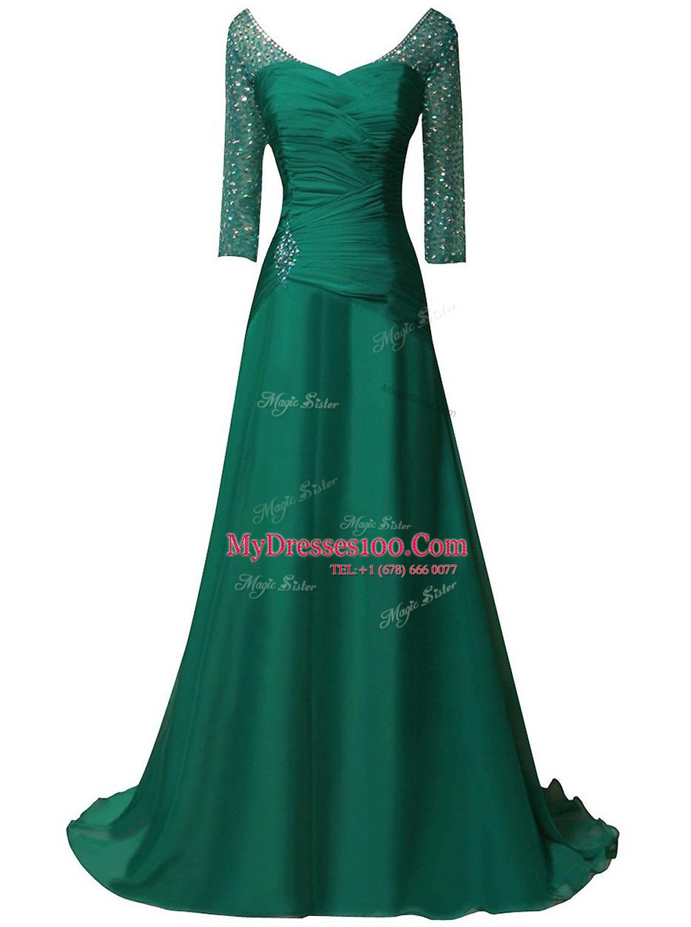 Green A-line Chiffon V-neck Long Sleeves Beading and Ruching With Train Zipper Prom Dresses Sweep Train
