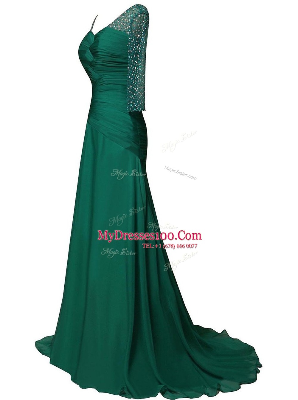 Green A-line Chiffon V-neck Long Sleeves Beading and Ruching With Train Zipper Prom Dresses Sweep Train