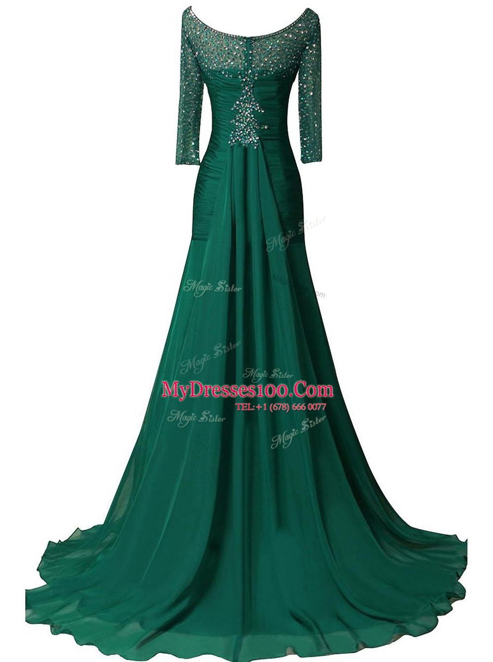 Green A-line Chiffon V-neck Long Sleeves Beading and Ruching With Train Zipper Prom Dresses Sweep Train