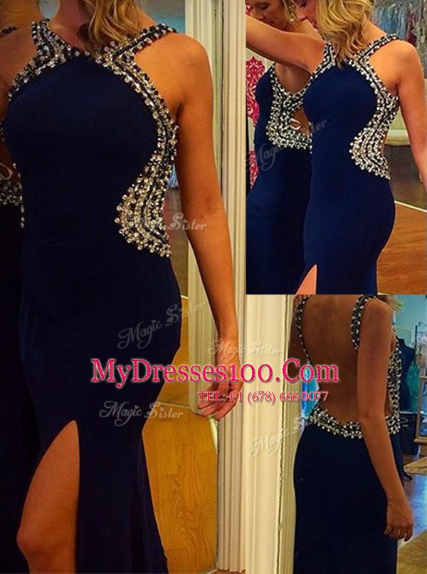 Charming Mermaid Backless Homecoming Dress Navy Blue for Prom and Party with Beading Court Train