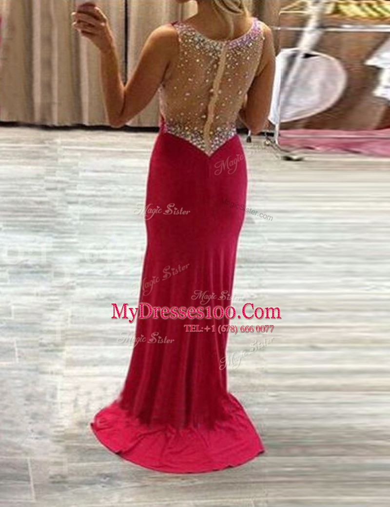 Unique Hot Pink Evening Dress Elastic Woven Satin Brush Train Sleeveless Beading
