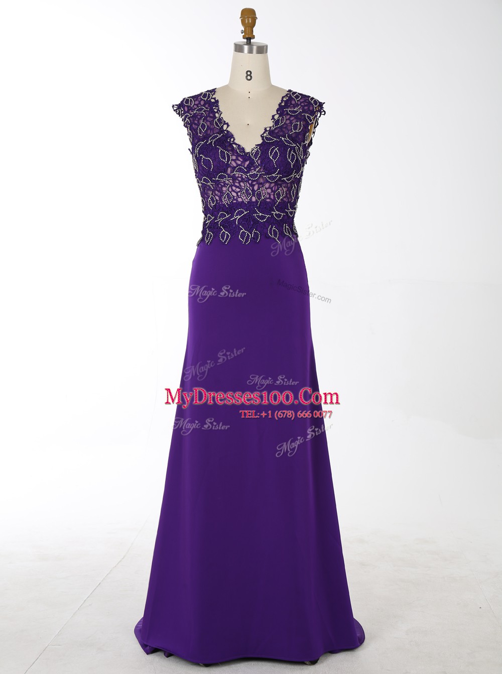 With Train Mermaid Sleeveless Purple Prom Gown Brush Train Zipper