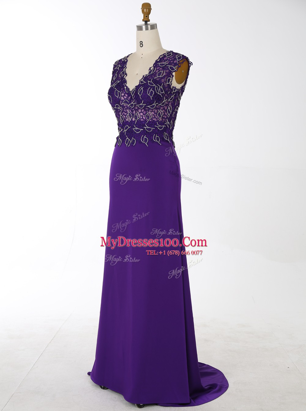 With Train Mermaid Sleeveless Purple Prom Gown Brush Train Zipper