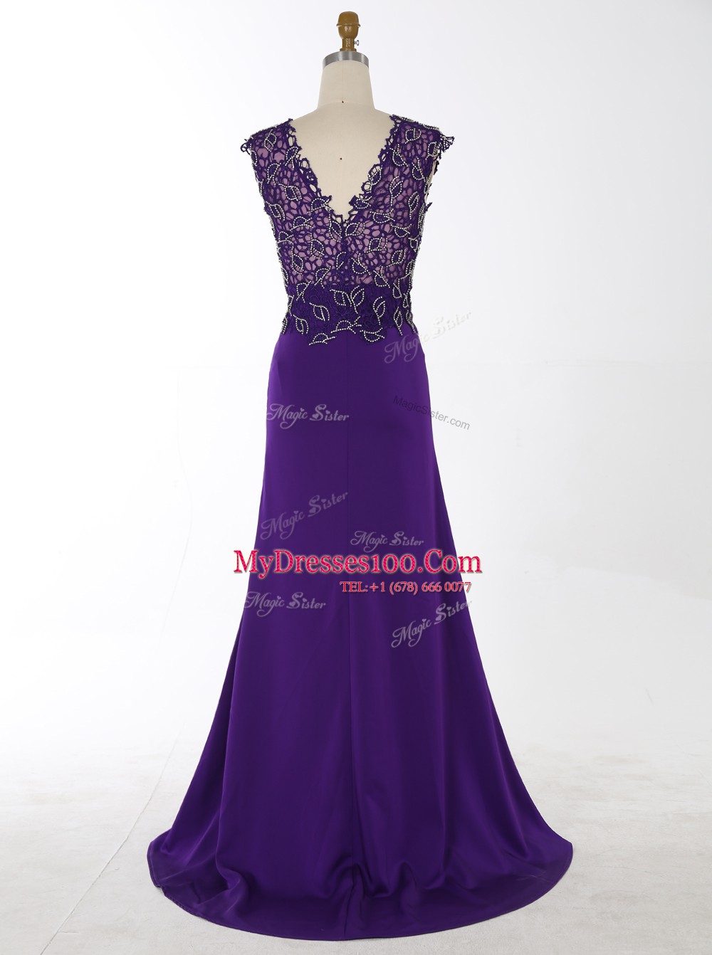 With Train Mermaid Sleeveless Purple Prom Gown Brush Train Zipper