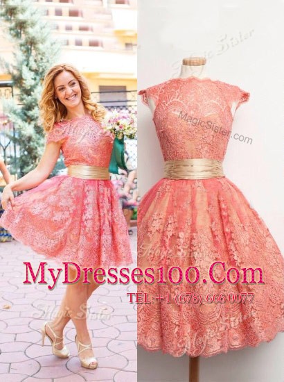 Watermelon Red A-line Scoop Cap Sleeves Lace Knee Length Zipper Lace