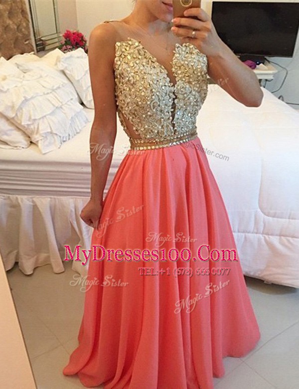 Dramatic Sleeveless Floor Length Beading and Appliques Backless Prom Evening Gown with Watermelon Red