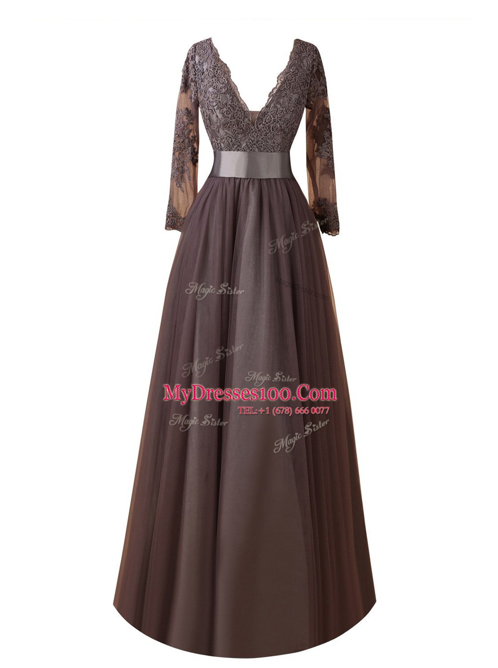 V-neck Long Sleeves Zipper Prom Evening Gown Brown Organza