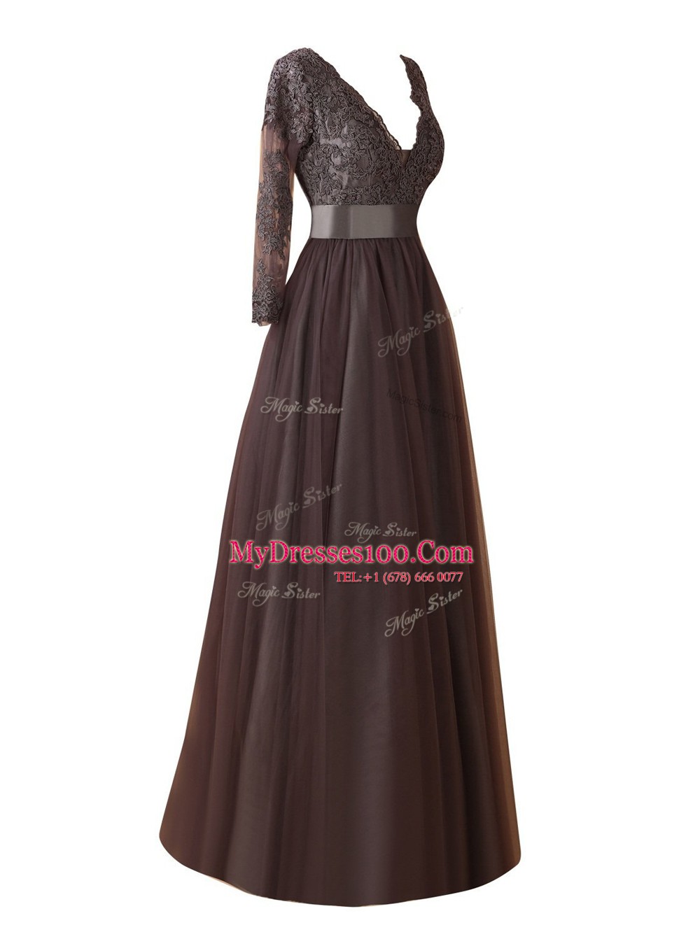 V-neck Long Sleeves Zipper Prom Evening Gown Brown Organza