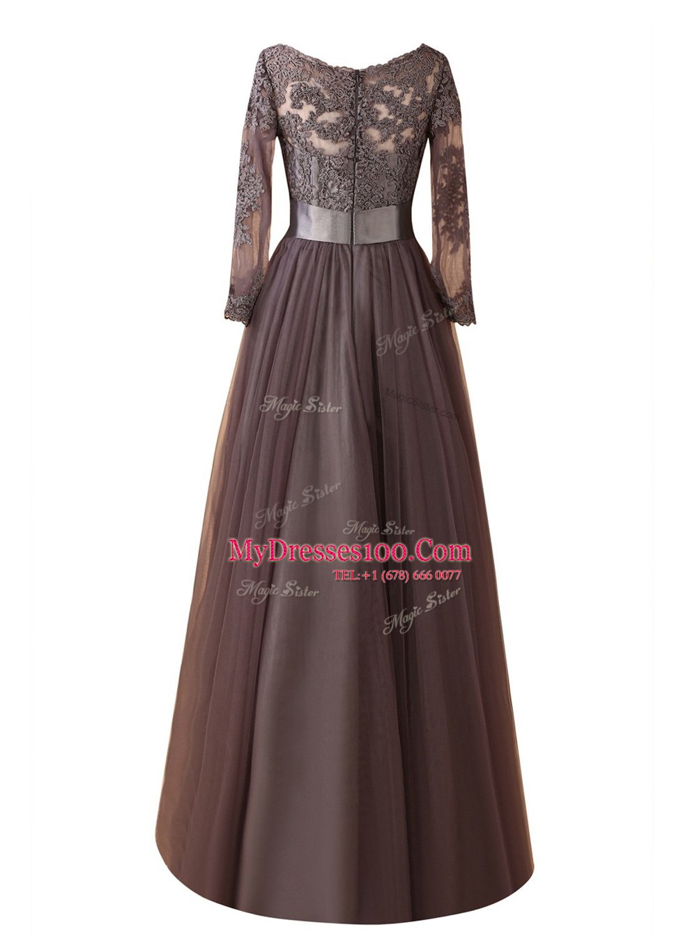 V-neck Long Sleeves Zipper Prom Evening Gown Brown Organza